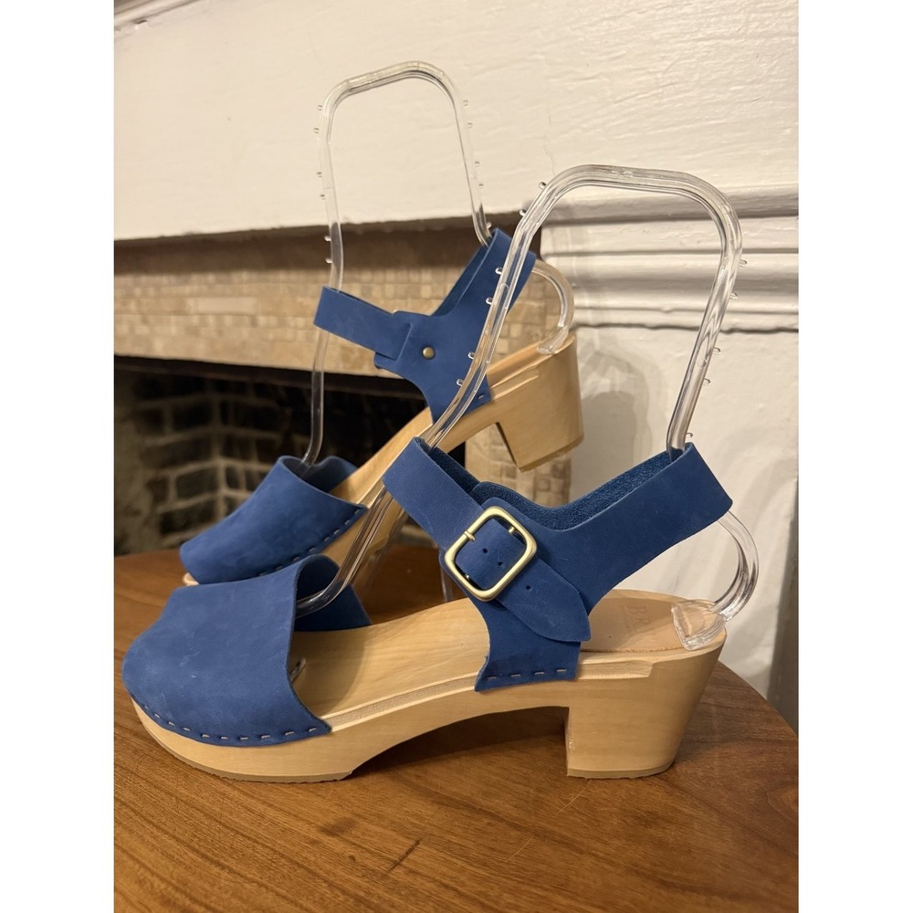 BRYR Emma Open Toe Women's Sandal Blue Clog Platform Leather Wood Nubuck